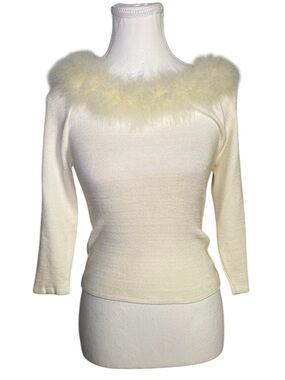 The Great American Sweater Co. Cream Vintage Y2K Faux Fur Trim Sweater